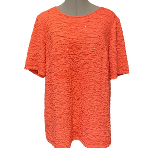 Maggie Barnes for Catherines short sleeve coral blouse with sequins.